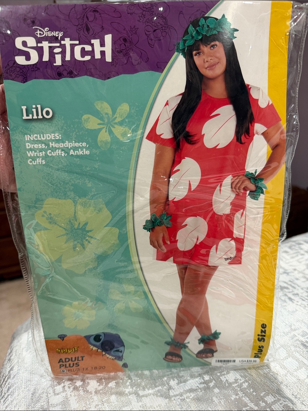 Disney Lilo Red Dress with White Floral Print and Green Leaf Accessories